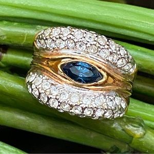 Vintage Blue Sapphire Rhinestone Gold-plated Statement Ring Size 6